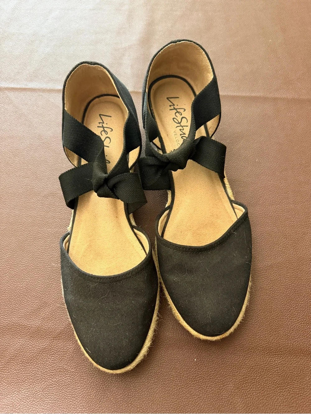 Life Stride Black Espadrille Wedge Flats with Crisscross Straps